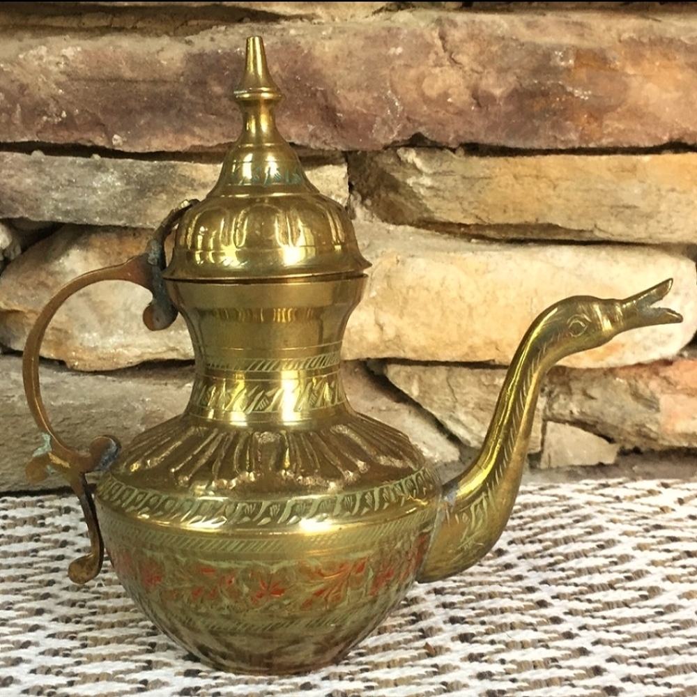 Vintage Ornate Brass Pitcher India Tea Pot Boho